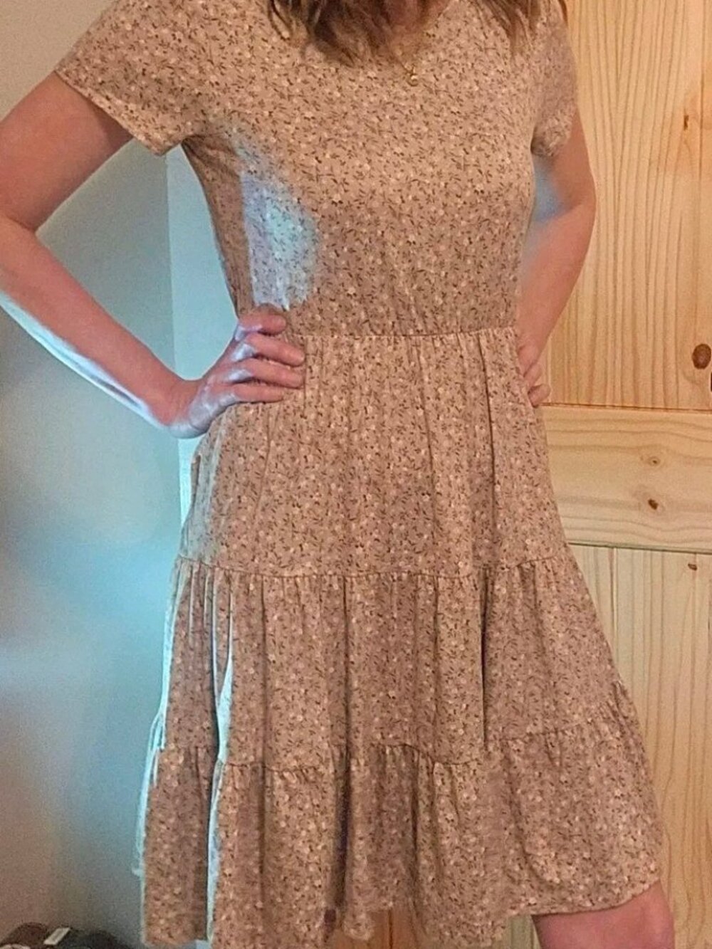 Lea Mies Beige Micro Floral Midi Dress Pockets NWT Size L